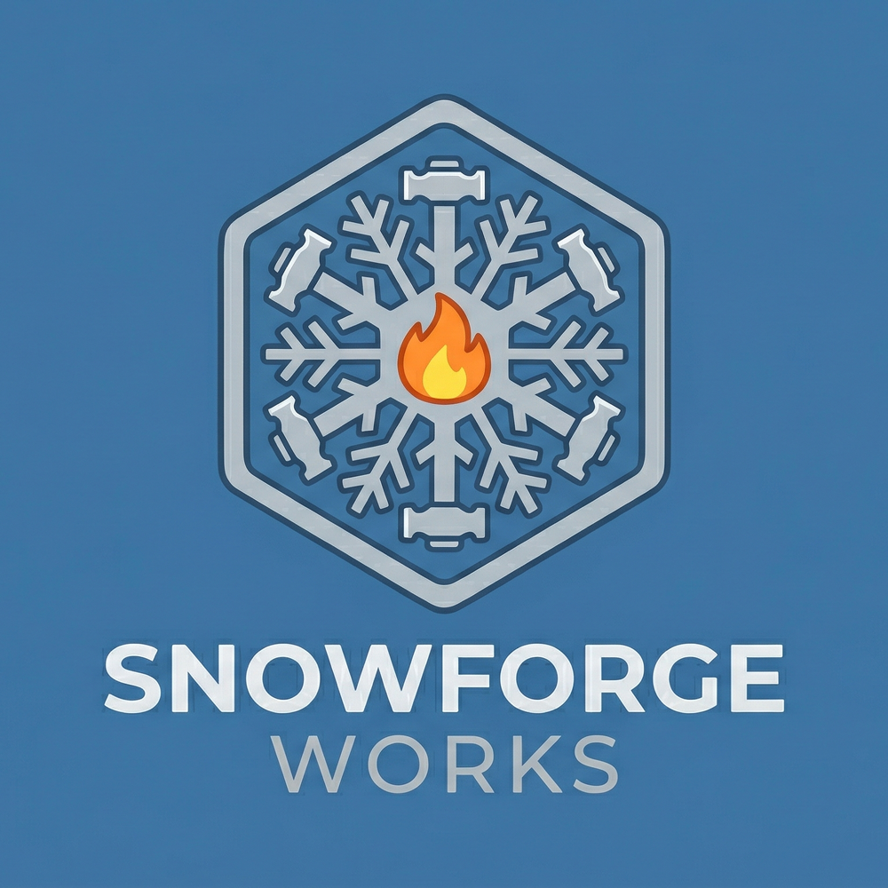 Snowforge Works secondary logo on blue background
